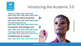 Introducing the Academic 3.0
TWITTER FOR ACADEMICS: GET BETTER CONNECTED
Profiles on website, blog, social media
Up-to-date online presence
Promotes blended learning
Innovative technology user
Encourages digital literacy and citizenship
Collaborates & creates
@SocialMediaQUB
 