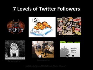 7 Levels of Twitter Followers
http://adriandayton.com/2009/08/7-levels-of-twitter-followers/
By nicasaurusrex
By ingirogiro By smannion
 