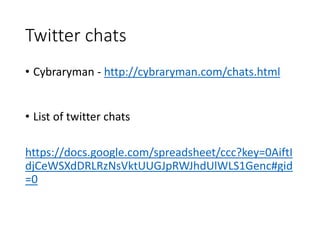 Twitter chats 
• Cybraryman - http://cybraryman.com/chats.html 
• List of twitter chats 
https://docs.google.com/spreadsheet/ccc?key=0AiftI 
djCeWSXdDRLRzNsVktUUGJpRWJhdUlWLS1Genc#gid 
=0 
 