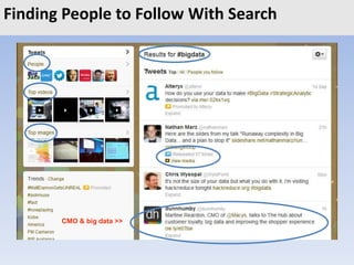 Finding People to Follow With Search
• Determine the target audience
• Identify the influencers
• Know the keywords and trends
CMO & big data >>
 