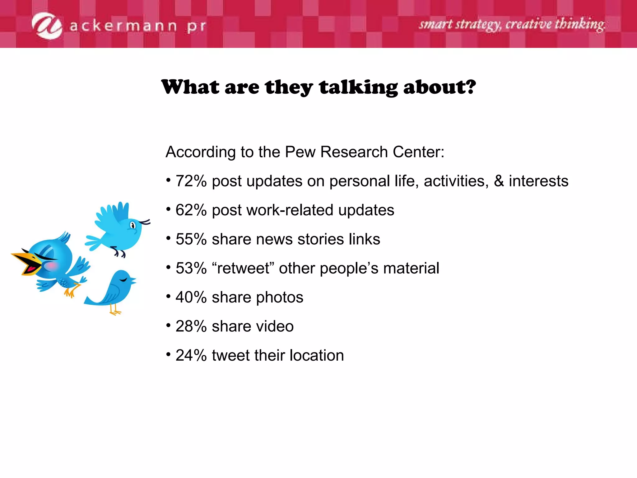 What are they talking about? According to the Pew Research Center: 72% post updates on personal life, activities, & interests 62% post work-related updates 55% share news stories links  53% “retweet” other people’s material 40% share photos 28% share video 24% tweet their location 