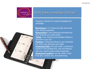 ©Elucidate 2011




Ongoing Activity for a typical engagement
campaign:

Monitoring 2 or 3 times per day across all
your o...