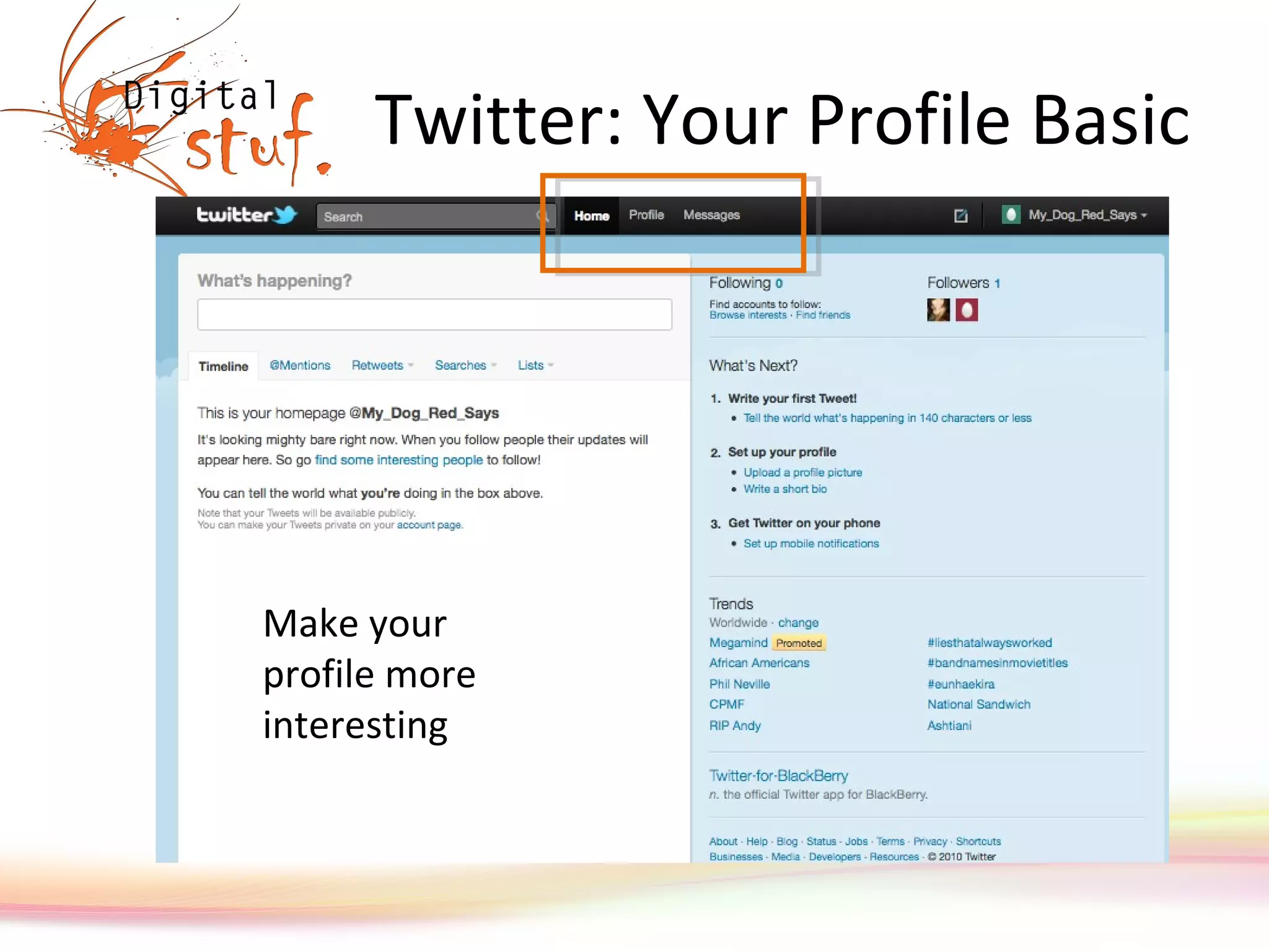 Twitter: Your Profile Basic Make your profile more interesting 