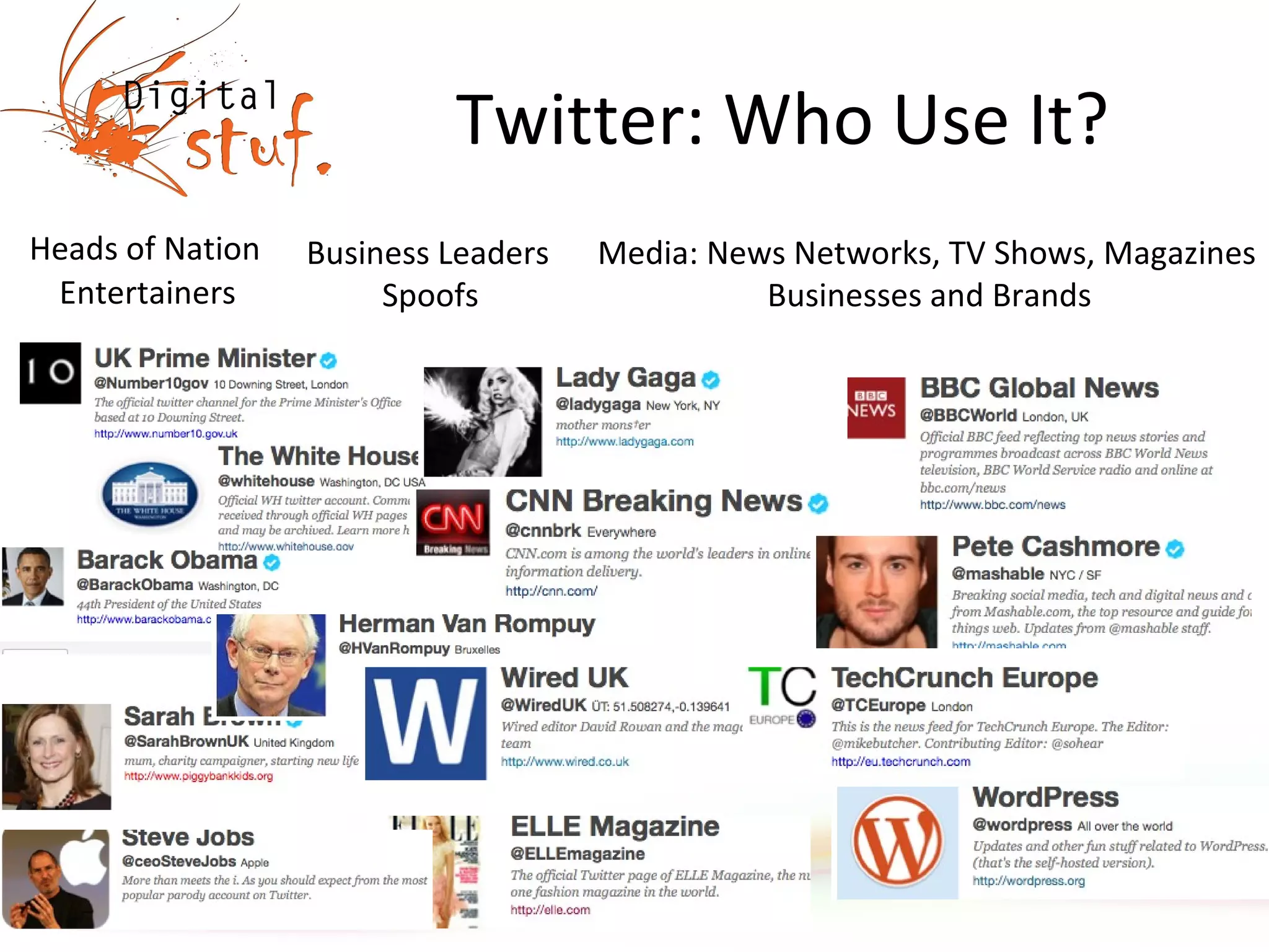 Twitter: Who Use It? Heads of Nation Media: News Networks, TV Shows, Magazines Business Leaders Entertainers Businesses and Brands Spoofs 