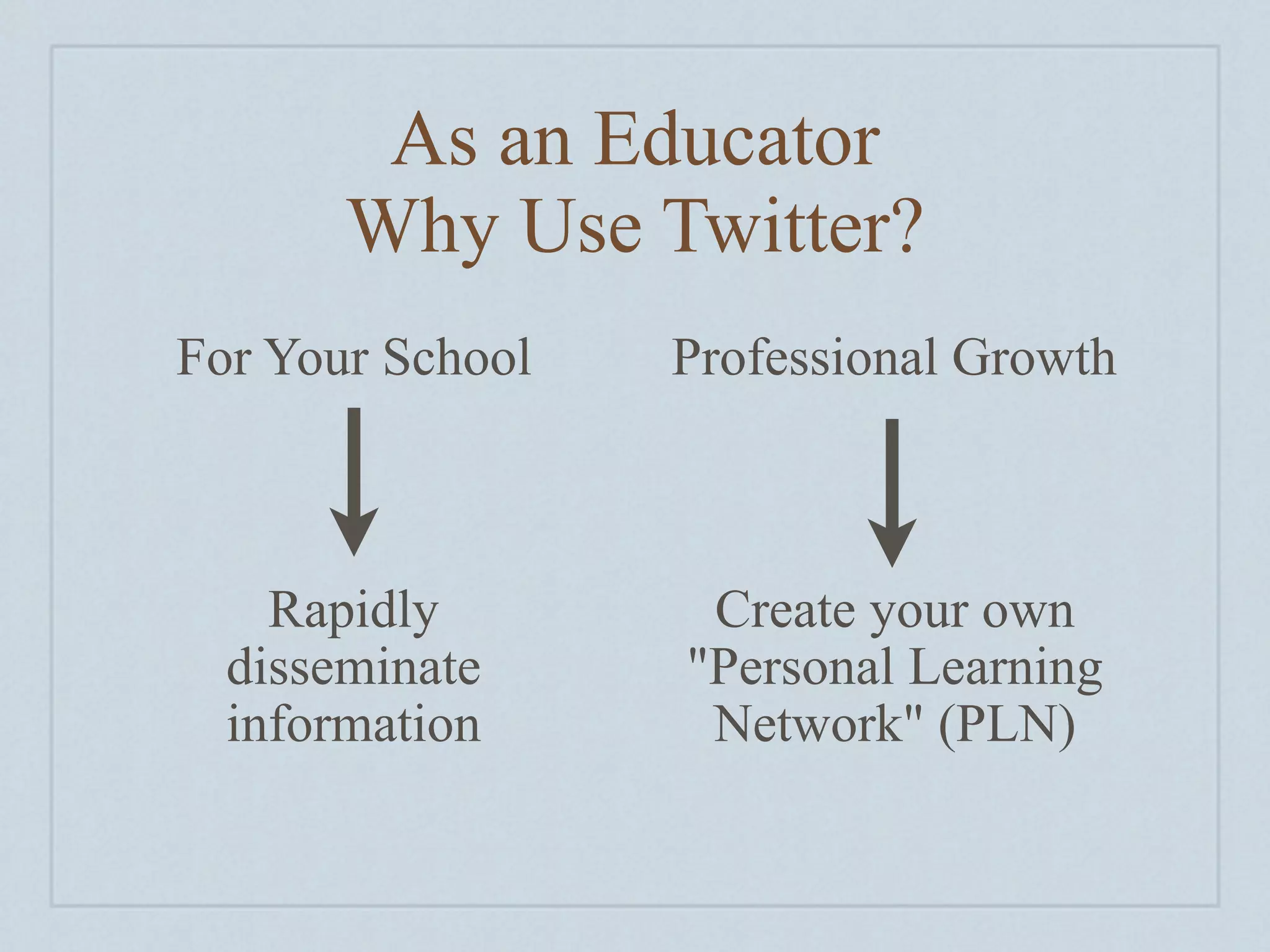 As an Educator
       Why Use Twitter?
For Your School   Professional Growth



    Rapidly        Create your own
  disseminate     "Personal Learning
  information      Network" (PLN)
 
