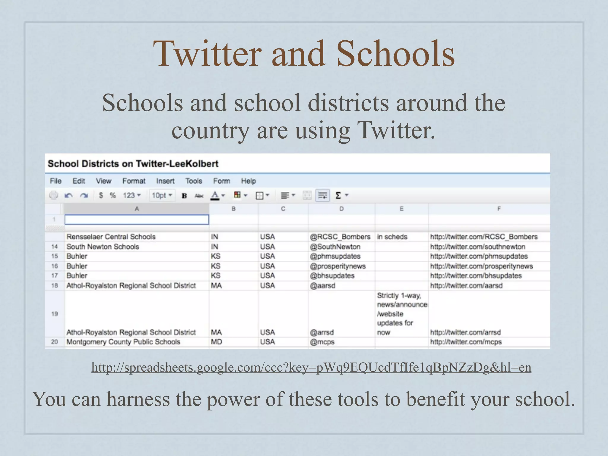 Twitter and Schools
        Schools and school districts around the
              country are using Twitter.




       http://spreadsheets.google.com/ccc?key=pWq9EQUcdTfIfe1qBpNZzDg&hl=en

You can harness the power of these tools to benefit your school.
 