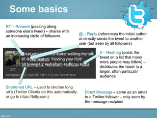 Some basics
RT – Retweet (passing along
someone else’s tweet) – shares with
an increasing circle of followers
@ – Reply (references the initial author
or directly sends the tweet to another
user (but seen by all followers)
Shortened URL – used to shorten long
url’s (Twitter Clients do this automatically,
or go to https://bitly.com)
# – Hashtag (posts the
tweet on a list that many
more people may follow) –
distributes the tweet to a
larger, often particular
audience
Direct Message – same as an email
to a Twitter follower – only seen by
the message recipient
 