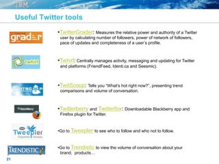 21
Useful Twitter tools
• TwitterGrader: Measures the relative power and authority of a Twitter
user by calculating number of followers, power of network of followers,
pace of updates and completeness of a user’s profile.
• Twhirl: Centrally manages activity, messaging and updating for Twitter
and platforms (FriendFeed, Identi.ca and Seesmic).
• TwitScoop: Tells you “What’s hot right now?”, presenting trend
comparisons and volume of conversation.
• Twitterberry and Twitterfox: Downloadable Blackberry app and
Firefox plugin for Twitter.
• Go to Tweepler to see who to follow and who not to follow.
• Go to Trendistic to view the volume of conversation about your
brand, products…
 