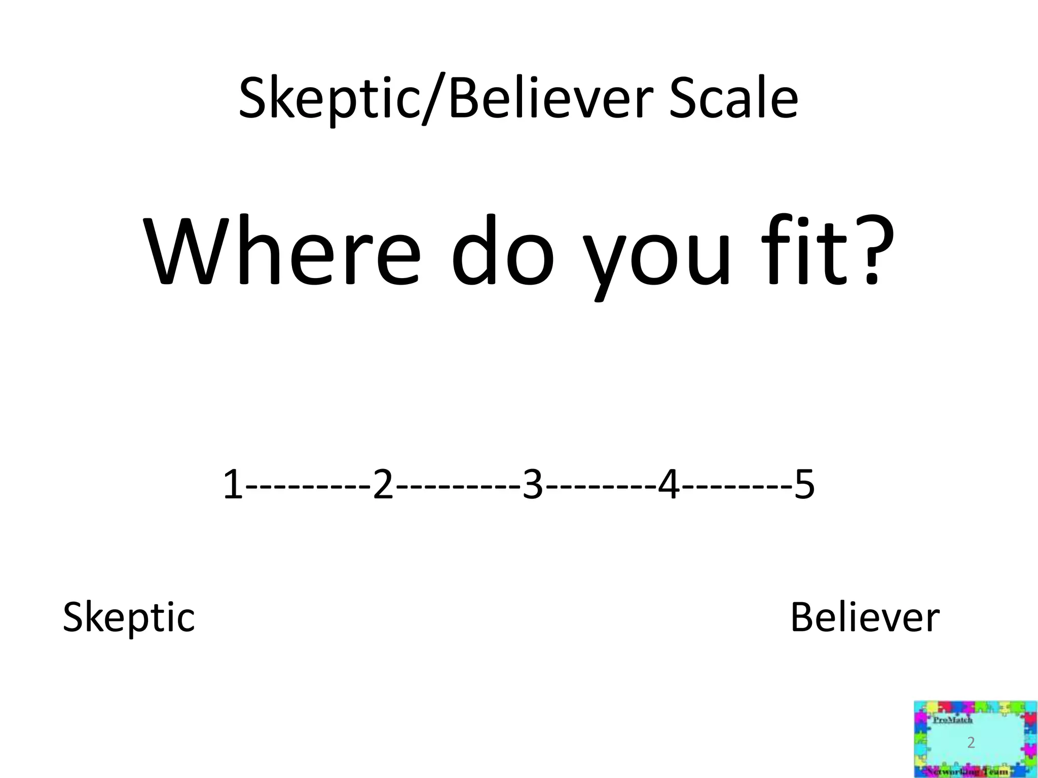 Skeptic/Believer ScaleWhere do you fit?1---------2---------3--------4--------5Skeptic						Believer2