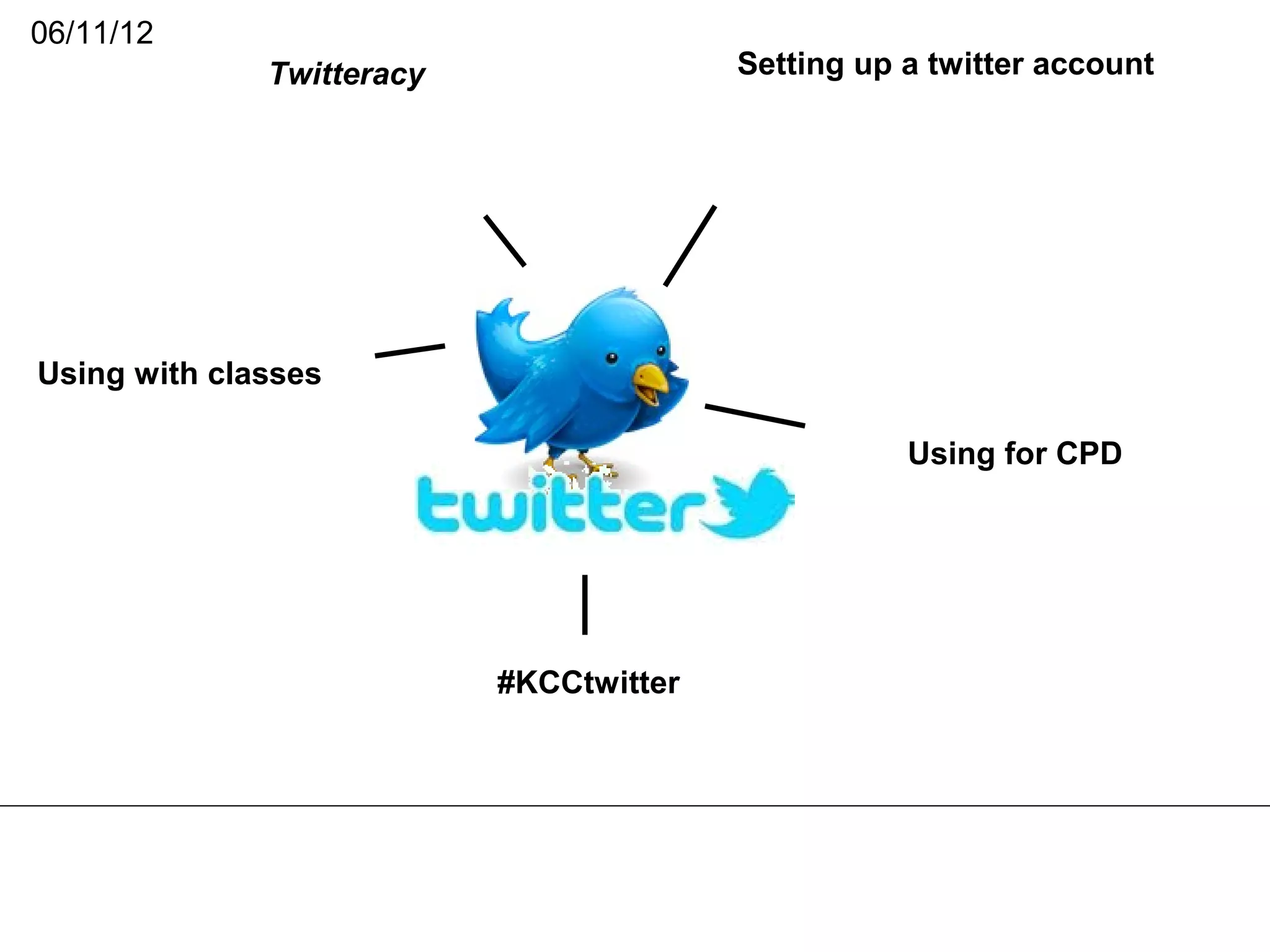 06/11/12
              Twitteracy                 Setting up a twitter account




Using with classes

                                                    Using for CPD




                           #KCCtwitter
 