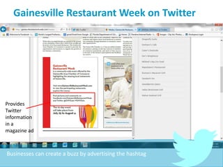 Gainesville Restaurant Week on Twitter
Provides
Twitter
information
in a
magazine ad
Businesses can create a buzz by advertising the hashtag
 