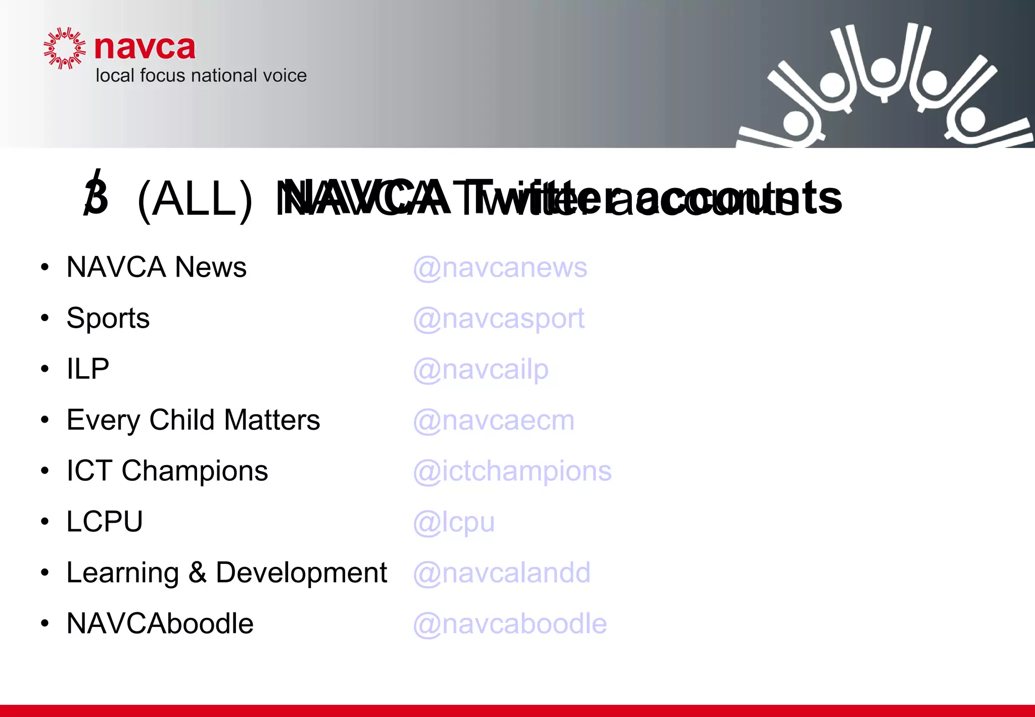 NAVCA News @ navcanews Sports @ navcasport ILP @ navcailp Every Child Matters @ navcaecm ICT Champions @ ictchampions LCPU @ lcpu Learning & Development @ navcalandd NAVCAboodle @ navcaboodle 3  NAVCA Twitter accounts /  (ALL)   NAVCA Twitter accounts 