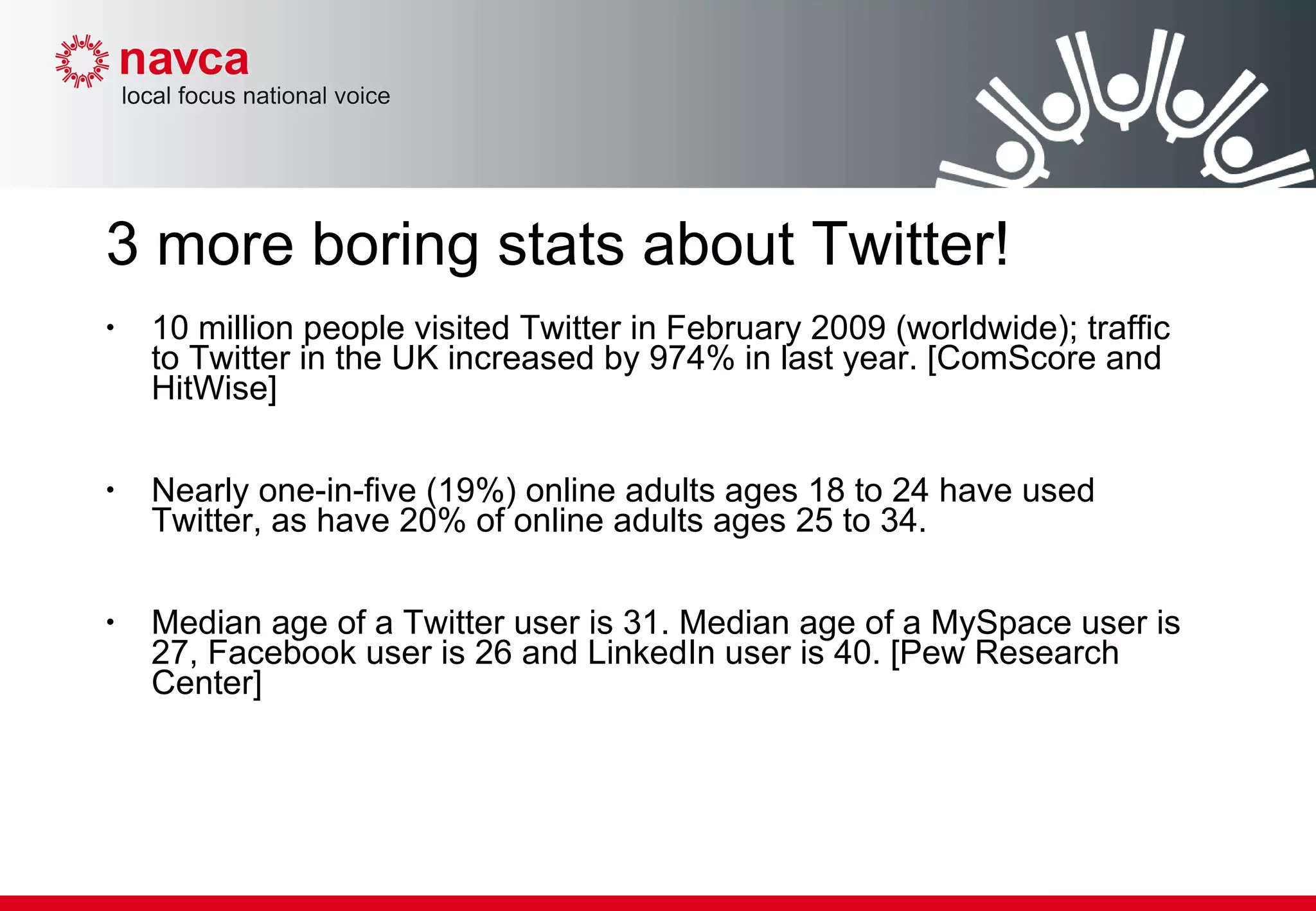 10 million people visited Twitter in February 2009 (worldwide); traffic to Twitter in the UK increased by 974% in last year. [ComScore and HitWise] Nearly one-in-five (19%) online adults ages 18 to 24 have used Twitter, as have 20% of online adults ages 25 to 34.  Median age of a Twitter user is 31. Median age of a MySpace user is 27, Facebook user is 26 and LinkedIn user is 40. [Pew Research Center]  3 more boring stats about Twitter! 