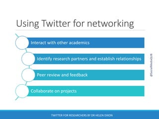 Using Twitter for networking
Interact with other academics
Identify research partners and establish relationships
Peer review and feedback
Collaborate on projects
@SocialMediaQUB
TWITTER FOR RESEARCHERS BY DR HELEN DIXON
 