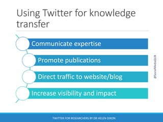 Using Twitter for knowledge
transfer
Communicate expertise
Promote publications
Direct traffic to website/blog
Increase visibility and impact
@SocialMediaQUB
TWITTER FOR RESEARCHERS BY DR HELEN DIXON
 