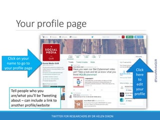Your profile page
Click on your
name to go to
your profile page Click
here
to
edit
your
profile
@SocialMediaQUB
TWITTER FOR RESEARCHERS BY DR HELEN DIXON
Tell people who you
are/what you’ll be Tweeting
about – can include a link to
another profile/website
 