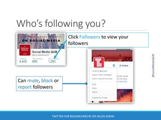 Who’s following you?
Click Followers to view your
followers
Can mute, block or
report followers
@SocialMediaQUB
TWITTER FOR RESEARCHERS BY DR HELEN DIXON
 