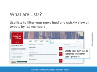 What are Lists?
Use lists to filter your news feed and quickly view all
tweets by list members
Create your own lists or
subscribe to another
user’s public list
@SocialMediaQUB
TWITTER FOR RESEARCHERS BY DR HELEN DIXON
 