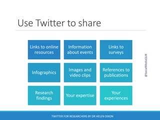 Use Twitter to share
@SocialMediaQUB
Links to online
resources
Information
about events
Links to
surveys
Infographics
Images and
video clips
References to
publications
Research
findings
Your expertise
Your
experiences
TWITTER FOR RESEARCHERS BY DR HELEN DIXON
 