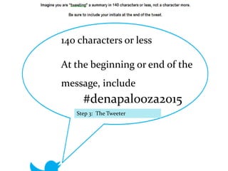 Formulate your first tweet. 140 characters or less.
Punctuation and spaces count as characters. At the end,
include #GAGC2014.
Step 3: The Tweeter
140 characters or less
At the beginning or end of the
message, include
#denapalooza2015
 