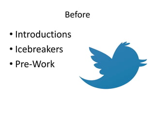 Before

• Introductions
• Icebreakers
• Pre-Work
 