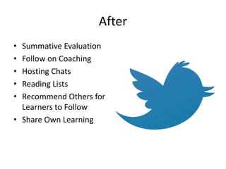 After
• Summative Evaluation
• Follow on Coaching
• Hosting Chats
• Reading Lists
• Recommend Others for
  Learners to Follow
• Share Own Learning
 