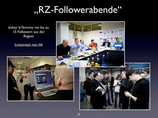 „RZ-Followerabende“
bisher 6 Termine mit bis zu
   15 Followern aus der
          Region

    Livestream von #6




                              25
 