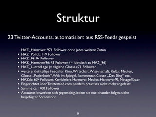 Struktur
23 Twitter-Accounts, automatisiert aus RSS-Feeds gespeist

        HAZ_Hannover: 971 Follower ohne jedes weitere Zutun
    •   HAZ_Politik: 119 Follower
    •   HAZ_96: 94 Follower
    •   HAZ_Hannover96: 43 Follower (= identisch zu HAZ_96)
    •   HAZ_LuettjeLage (= tägliche Glosse): 71 Follower
    •   weitere kleinteilige Feeds für Kino, Wirtschaft, Wissenschaft, Kultur, Medien,
        Glosse „Papierkorb“, Welt im Spiegel, Kommentar, Glosse „Das Ding“ etc.
    •   HAZde: 634 Follower. Kombiniert Hannover, Medien, Hannover96, Netzgeﬂüster
    •   Eingerichtet über Twitterfeed.com, seitdem praktisch nicht mehr angefasst
    •   Summe ca. 1700 Follower
    •   Accounts bewerben sich gegenseitig, indem sie nur einander folgen, siehe
        beigefügten Screenshot



                                            39
 