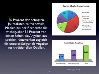 56 Prozent der befragten
   Journalisten halten soziale
 Medien bei der Recherche für
  wichtig, aber 84 Prozent von
 denen halten die Angaben aus
 sozialen Netzwerken zugleich
für unzuverlässiger als Angaben
   aus traditionellen Quellen.




                                       Quelle: Cision, 20.1.10
                                  69
 