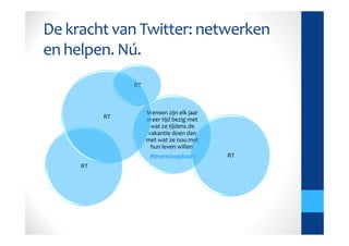 De kracht van Twitter: netwerken
en helpen. Nú.
               RT



                    Mensen zijn elk jaar
          RT        meer tijd bezig met
                     wat ze tijdens de
                    vakantie doen dan
                    met wat ze nou met
                     hun leven willen
                     #levensloopbaan       RT
     RT
 