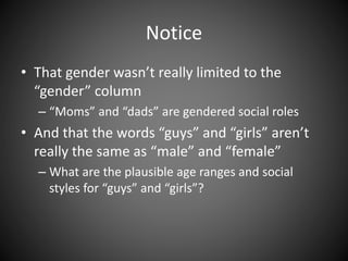 Notice
• That gender wasn’t really limited to the
“gender” column
– “Moms” and “dads” are gendered social roles
• And that the words “guys” and “girls” aren’t
really the same as “male” and “female”
– What are the plausible age ranges and social
styles for “guys” and “girls”?
 