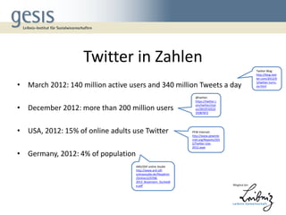 Twitter in Zahlen
• March 2012: 140 million active users and 340 million Tweets a day
• December 2012: more than 200 milli...