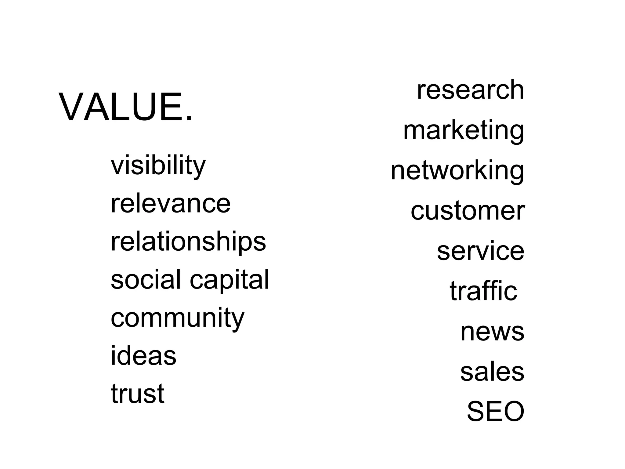 VALUE. visibility relevance relationships social capital community  ideas trust research marketing networking customer service traffic  news sales SEO 