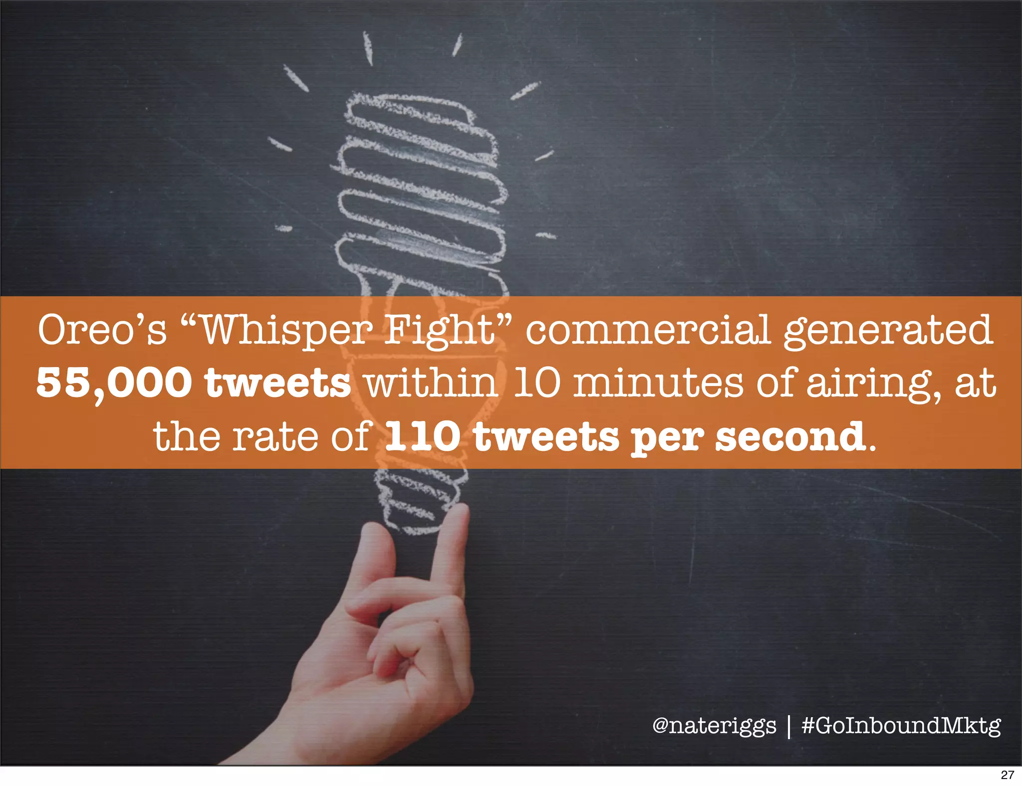 CBS sold out its ad inventory for Super Bowl
XLVII at prices averaging
$3.8 million per 30 second spot.
@nateriggs | #GoInboundMktg
28
 