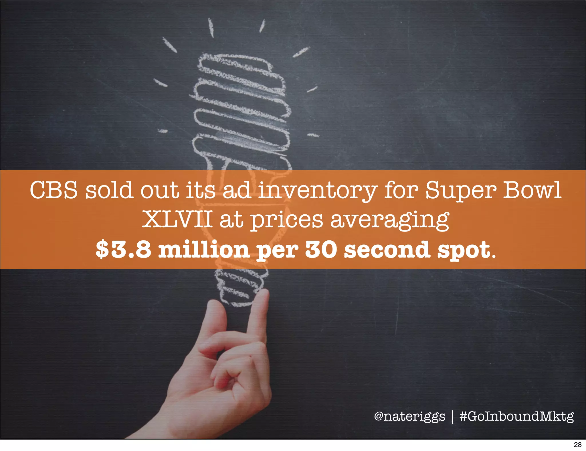 Source: YouTube - CBS Super Bowl Black Out 2013 @nateriggs | #GoInboundMktg
29
 