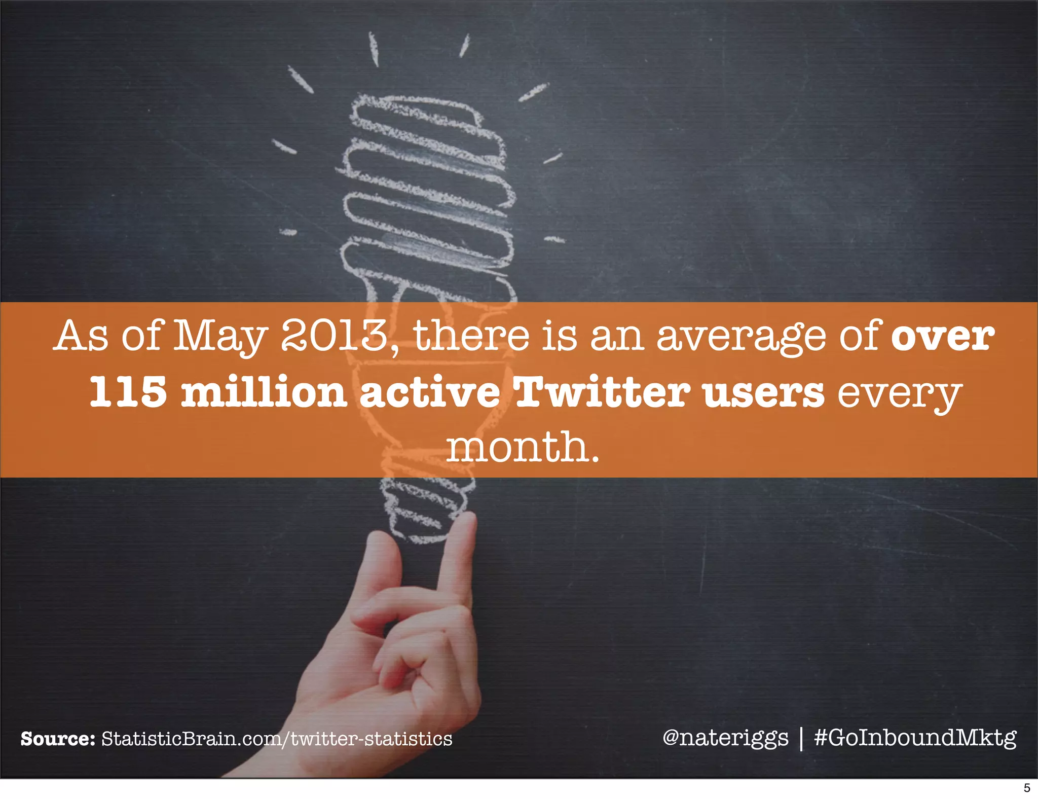 The largest segment of American Twitter
users is made up of 25-34 year old males.
Source: The Social Habit Q4 2012 @nateriggs | #GoInboundMktg
6
 