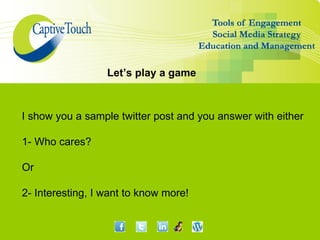 Let’s play a game



I show you a sample twitter post and you answer with either

1- Who cares?

Or

2- Interesting, I want to know more!
 