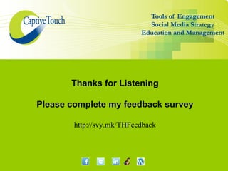 Thanks for Listening

Please complete my feedback survey

        http://svy.mk/THFeedback
 
