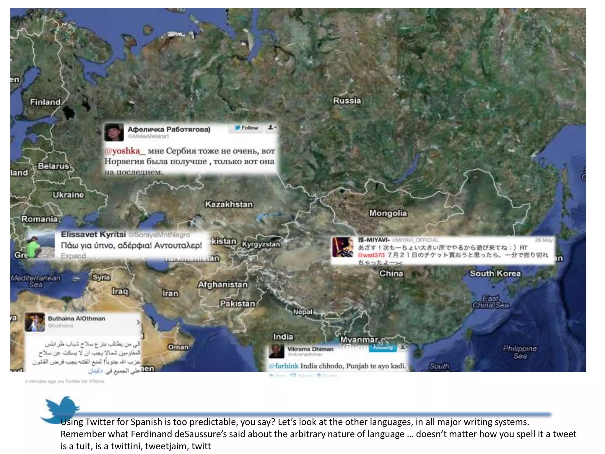 Using Twitter for Spanish is too predictable, you say? Let’s look at the other languages, in all major writing systems.
Remember what Ferdinand deSaussure’s said about the arbitrary nature of language … doesn’t matter how you spell it a tweet
is a tuit, is a twittini, tweetjaim, twitt
 