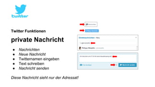Twitter Funktionen 
private Nachricht 
● Nachrichten 
● Neue Nachricht 
● Twitternamen eingeben 
● Text schreiben 
● Nachricht senden 
Diese Nachricht sieht nur der Adressat! 
 