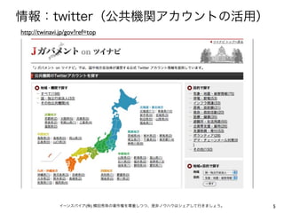 情報：twitter（公共機関アカウントの活用）
http://twinavi.jp/gov?ref=top




              イーンスパイア(株) 横田秀珠の著作権を尊重しつつ、是非ノウハウはシェアして行きましょう。   5
 