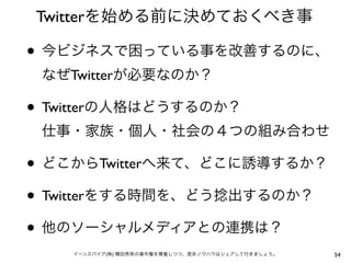 Twitterを始める前に決めておくべき事

• 今ビジネスで困っている事を改善するのに、
 なぜTwitterが必要なのか？

• Twitterの人格はどうするのか？
 仕事・家族・個人・社会の４つの組み合わせ

• どこからTwitterへ来て、どこに誘導するか？
• Twitterをする時間を、どう捻出するのか？
• 他のソーシャルメディアとの連携は？
    イーンスパイア(株) 横田秀珠の著作権を尊重しつつ、是非ノウハウはシェアして行きましょう。   54
 