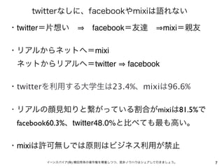 twitterなしに、facebookやmixiは語れない

・twitter＝片想い   facebook＝友達  mixi＝親友

・リアルからネットへ＝mixi  
 ネットからリアルへ＝twitter                facebook

・twitterを利用する大学生は23.4%、mixiは96.6%

・リアルの顔見知りと繋がっている割合がmixiは81.5%で
 facebook60.3%、twitter48.0%と比べても最も高い。

・mixiは許可無しでは原則はビジネス利用が禁止
       イーンスパイア(株) 横田秀珠の著作権を尊重しつつ、是非ノウハウはシェアして行きましょう。   7
 