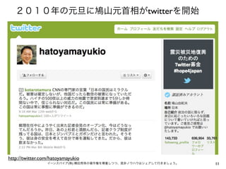 ２０１０年の元旦に鳩山元首相がtwitterを開始




http://twitter.com/hatoyamayukio
                 イーンスパイア(株) 横田秀珠の著作権を尊重しつつ、是非ノウハウはシェアして行きましょう。   11
 