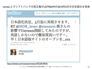twitter上でソフトバンクの孫正義がUSTREAMの2010年5月の日本語化を発表




  http://twitter.com/masason/status/9233918476
               イーンスパイア(株) 横田秀珠の著作権を尊重しつつ、是非ノウハウはシェアして行きましょう。   12
 