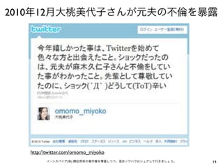 2010年12月大桃美代子さんが元夫の不倫を暴露




  http://twitter.com/omomo_miyoko
        イーンスパイア(株) 横田秀珠の著作権を尊重しつつ、是非ノウハウはシェアして行きましょう。   14
 