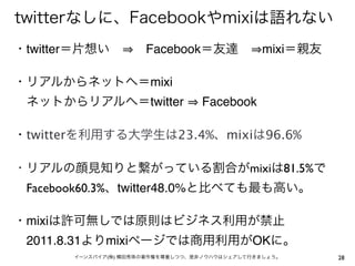 twitterなしに、Facebookやmixiは語れない
・twitter＝片想い   Facebook＝友達  mixi＝親友

・リアルからネットへ＝mixi  
 ネットからリアルへ＝twitter                Facebook

・twitterを利用する大学生は23.4%、mixiは96.6%

・リアルの顔見知りと繋がっている割合がmixiは81.5%で
 Facebook60.3%、twitter48.0%と比べても最も高い。

・mixiは許可無しでは原則はビジネス利用が禁止
 2011.8.31よりmixiページでは商用利用がOKに。
       イーンスパイア(株) 横田秀珠の著作権を尊重しつつ、是非ノウハウはシェアして行きましょう。   28
 