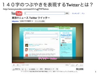 １４０字のつぶやきを表現するTwitterとは？
http://www.youtube.com/watch?v=ugJTWYulnvo




                イーンスパイア(株) 横田秀珠の著作権を尊重しつつ、是非ノウハウはシェアして行きましょう。   5
 