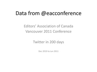 Data from @eacconference

   Editors’ Association of Canada
    Vancouver 2011 Conference

        Twitter in 200 days

           Dec 2010 to Jun 2011
 