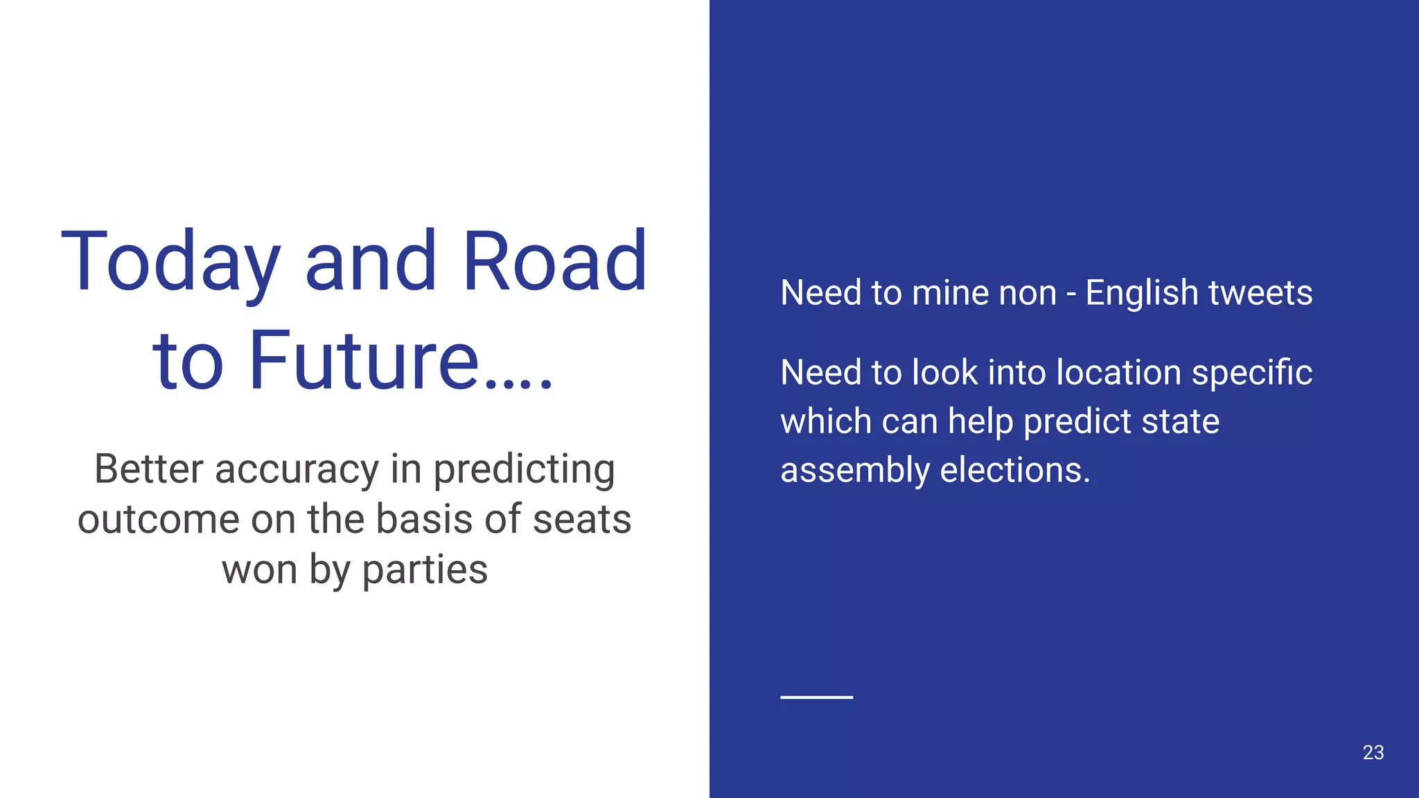 Today and Road
to Future….
Better accuracy in predicting
outcome on the basis of seats
won by parties
Need to mine non - English tweets
Need to look into location speciﬁc
which can help predict state
assembly elections.
23
 